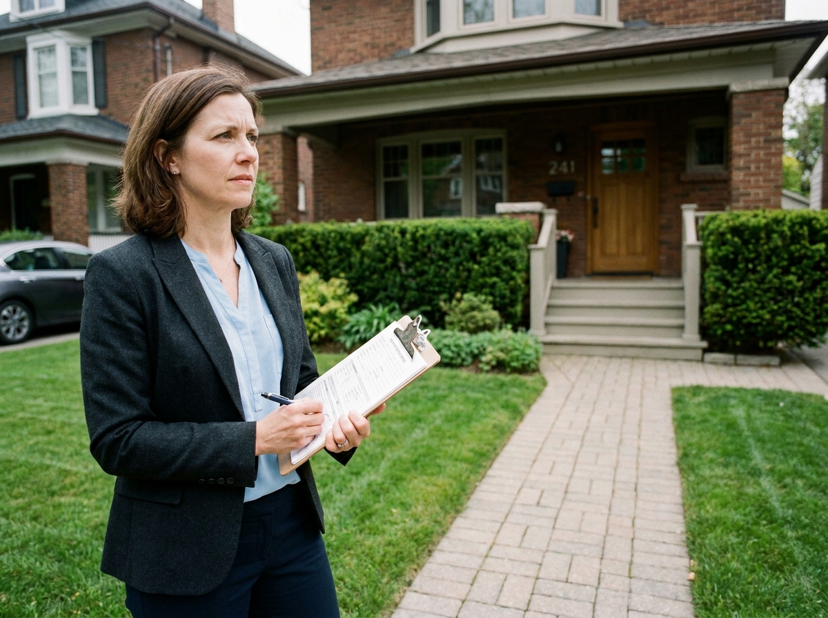 Femme professionnelle observant une maison en banlieue