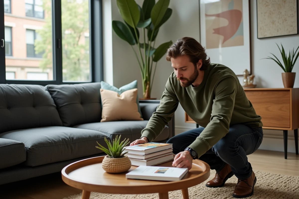 Homme arrangeant des livres et une plante verte sur une table basse en bois dans un salon moderne et chaleureux avec canapé en lin gris