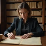 Femme d affaires examinant des documents anciens dans une salle d archives