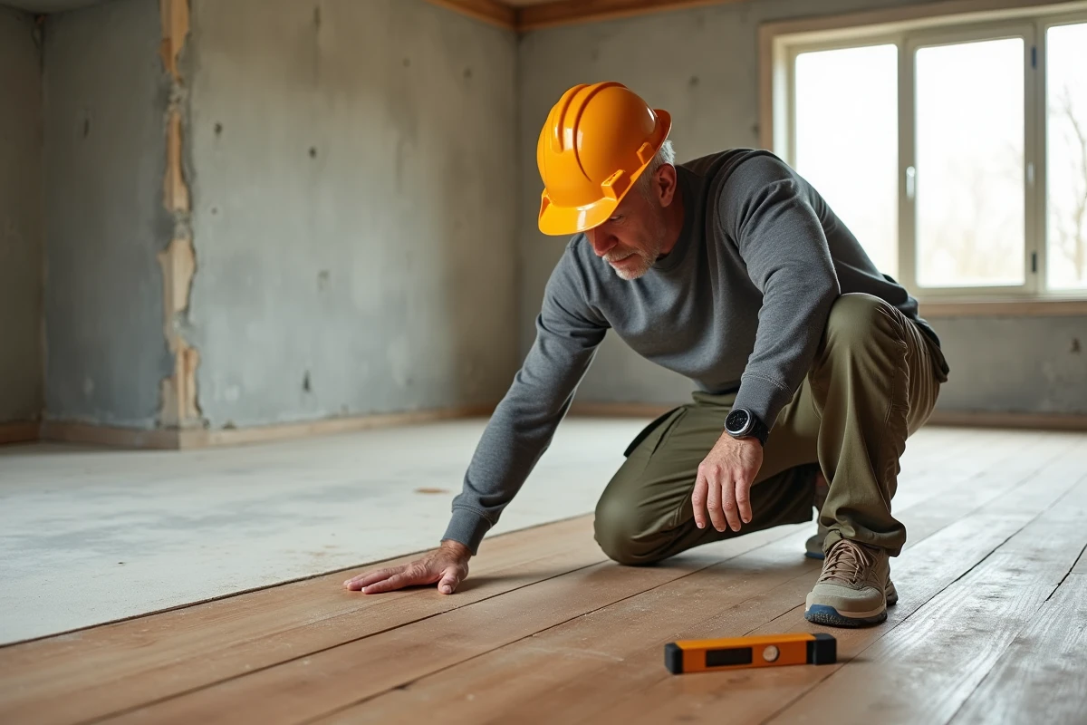 Artisan inspectant la pose d'un parquet en bois dans un salon en cours de rénovation immobilière