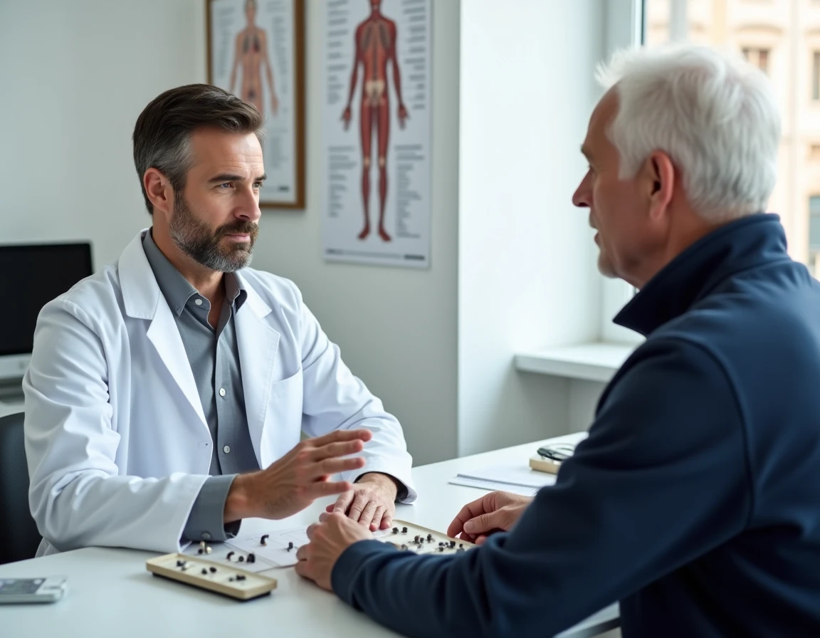 Audioprothésiste Amplifon en consultation avec un patient senior présentant des modèles d'appareils auditifs