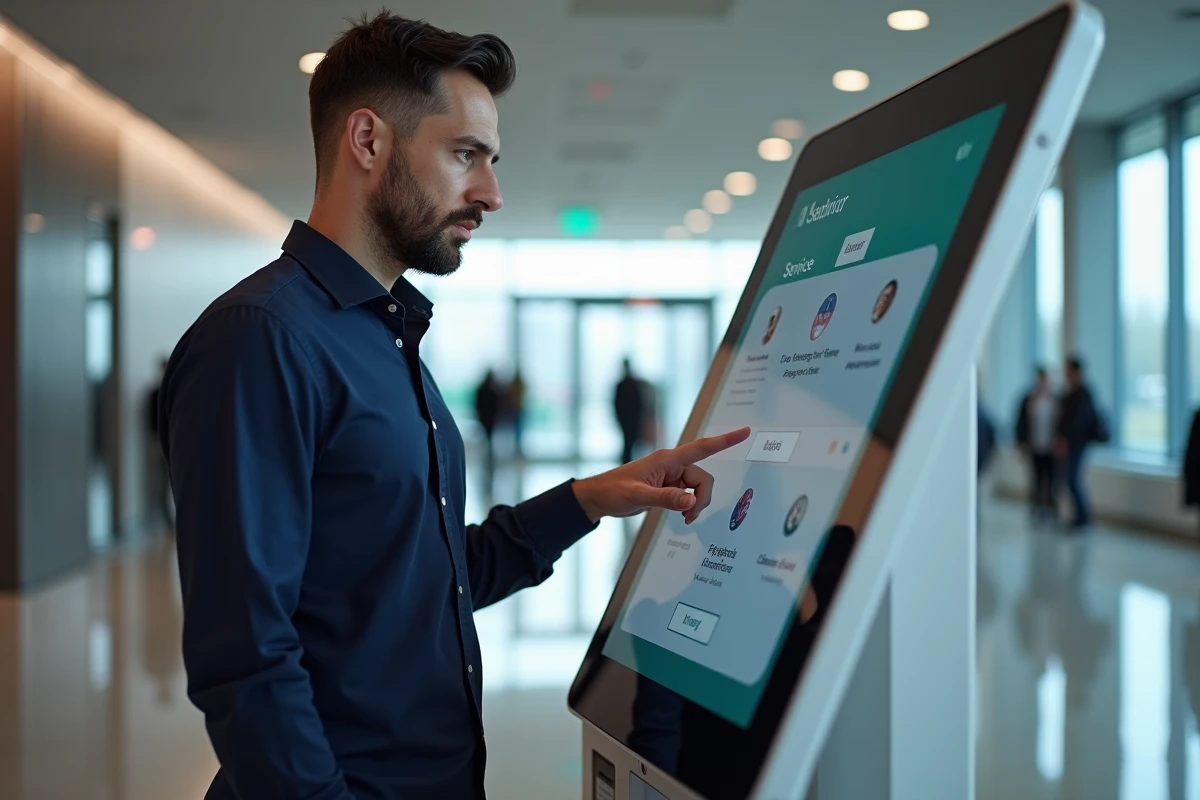 Homme utilisant une borne numérique interactive dans un hall administratif moderne pour accomplir ses démarches en ligne