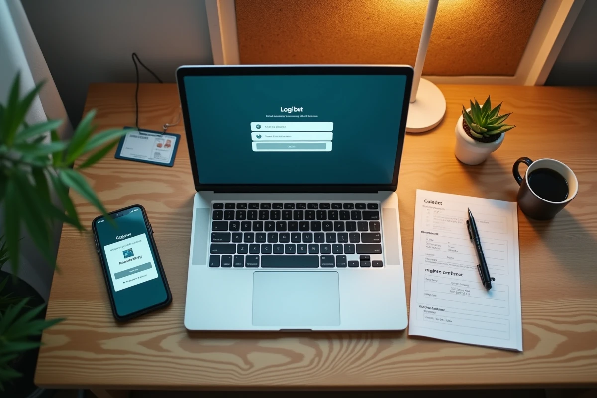 Vue de dessus d'un bureau étudiant avec ordinateur portable ouvert sur une page de connexion à un espace numérique de travail universitaire