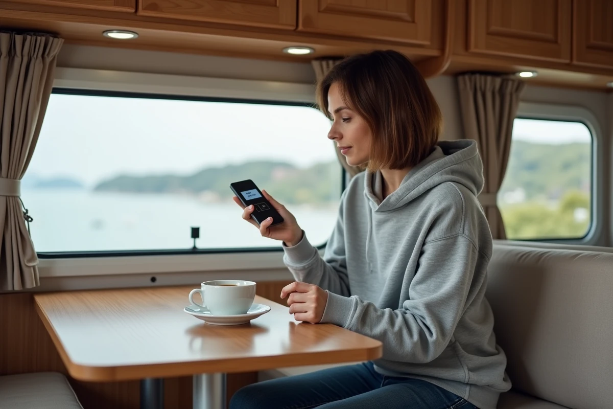 Femme consultant un code erreur sur le panneau de contrôle Truma iNet à l'intérieur d'un camping-car