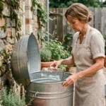Femme remplissant un bocal en verre avec de l'eau de pluie récoltée dans une cuve en inox dans un jardin rustique