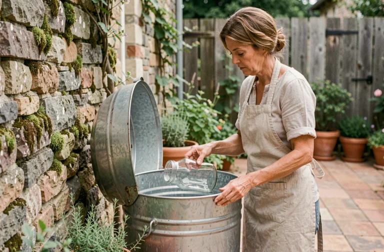 Femme remplissant un bocal en verre avec de l'eau de pluie récoltée dans une cuve en inox dans un jardin rustique