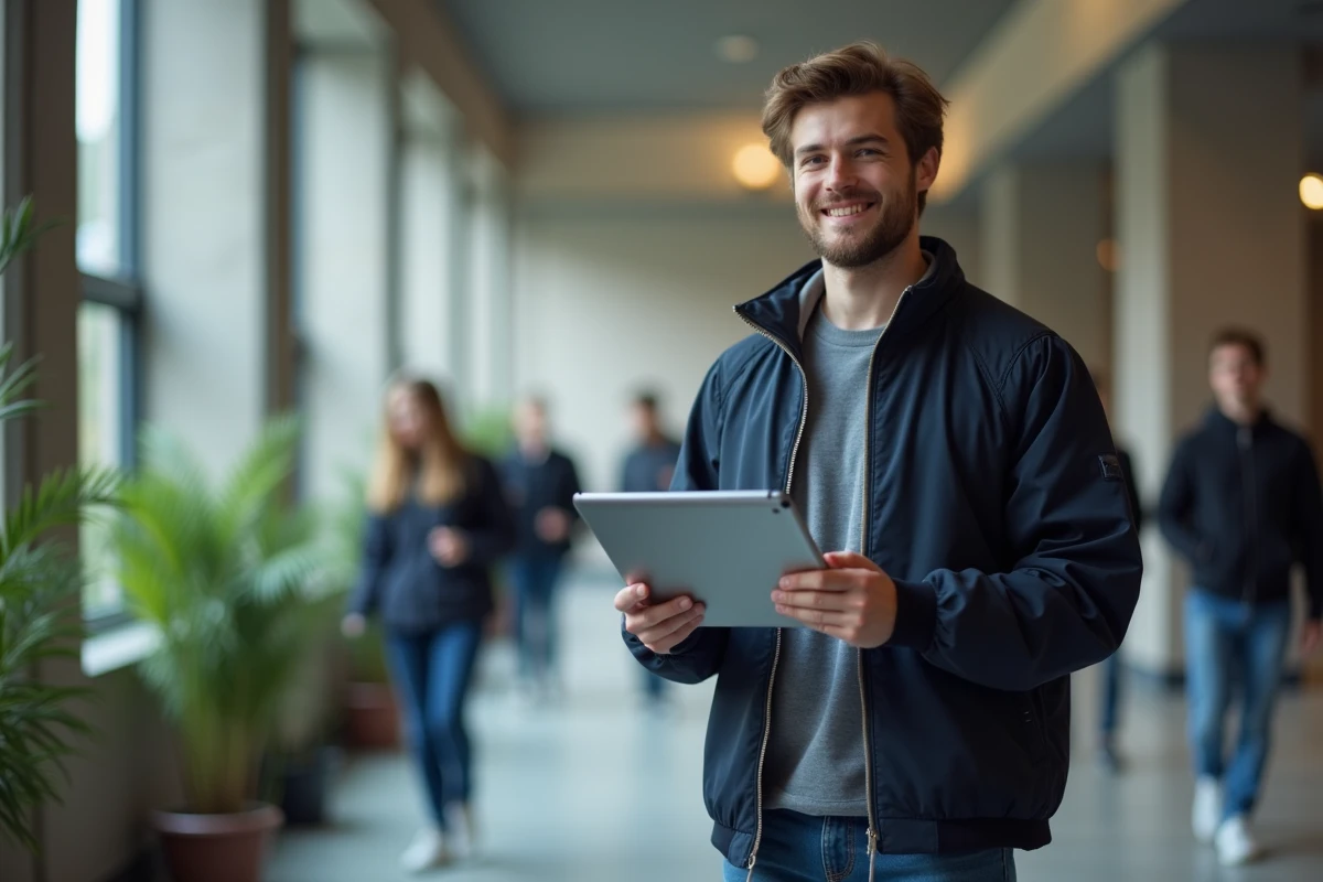 Étudiant comparant l'interface ENT et le portail MyCampus Eduservices sur une tablette dans un couloir universitaire