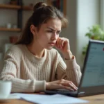 Jeune femme frustrée face à un message d'erreur sur son compte AL'in bloqué, assise devant un ordinateur portable dans un appartement