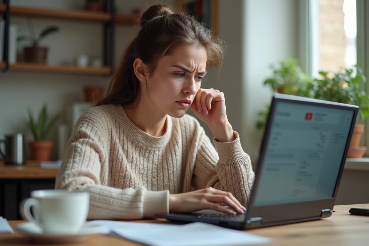 Jeune femme frustrée face à un message d'erreur sur son compte AL'in bloqué, assise devant un ordinateur portable dans un appartement