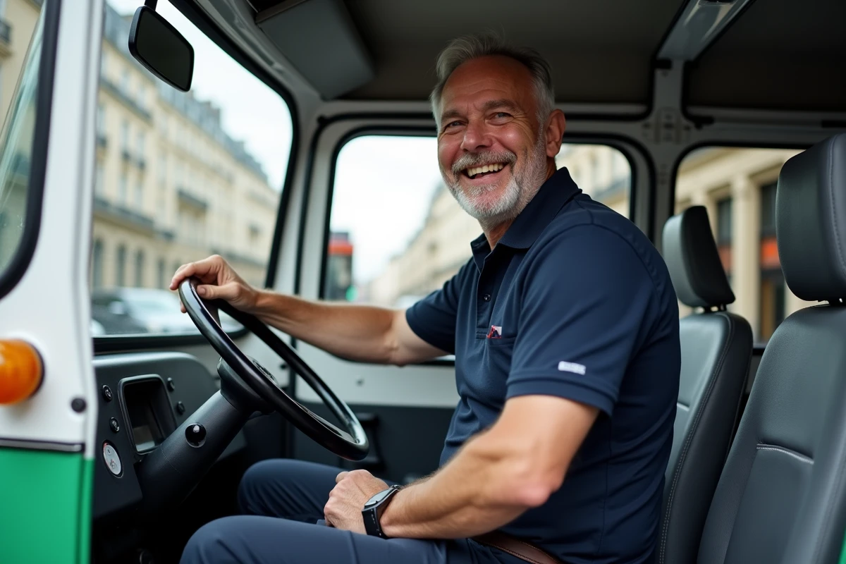 Conducteur de tuk tuk souriant au volant de son véhicule trois-roues dans un environnement urbain français