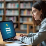 Étudiante connectée à un portail étudiant de type MyCampus sur ordinateur portable dans une bibliothèque universitaire