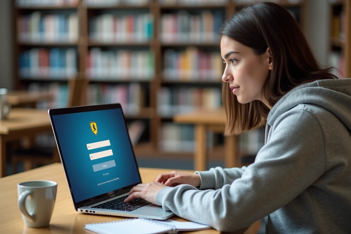 Étudiante connectée à un portail étudiant de type MyCampus sur ordinateur portable dans une bibliothèque universitaire