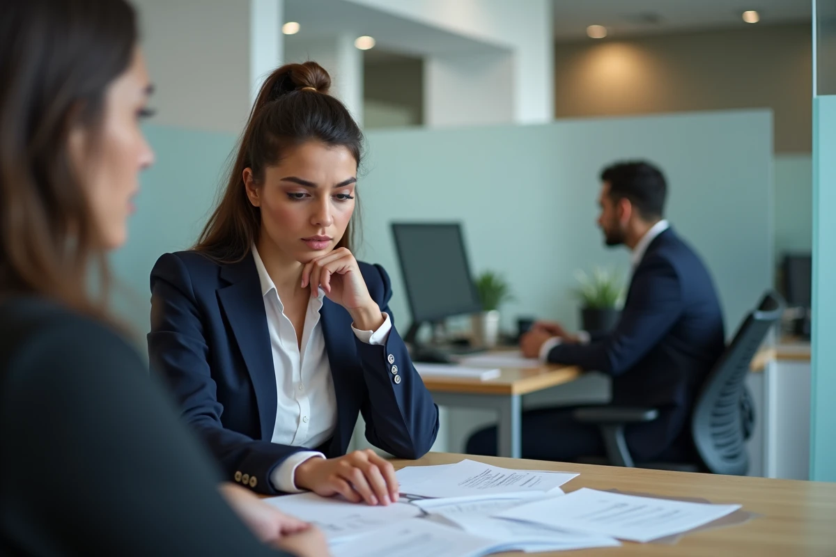 Jeune femme en rendez-vous avec un conseiller bancaire pour résoudre un problème de compte AL'in bloqué ou refusé