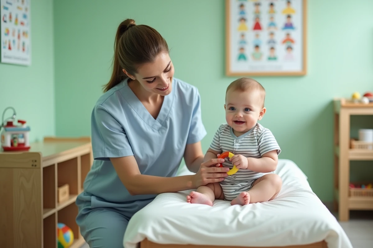 Infirmière pédiatrique souriante lors d'une consultation de bien-être avec un bébé de neuf mois en cabinet médical