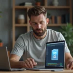 Homme utilisant un logiciel de conversion de fichiers sur ordinateur portable dans un bureau à domicile
