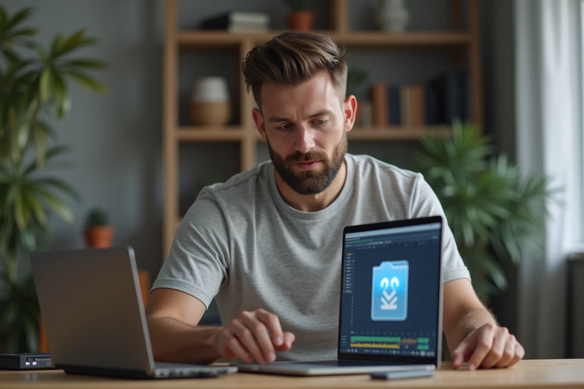 Homme utilisant un logiciel de conversion de fichiers sur ordinateur portable dans un bureau à domicile