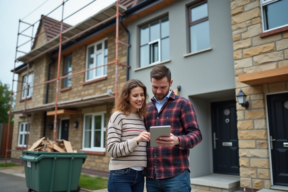 Couple consultant une tablette devant la façade de leur maison en cours de rénovation extérieure