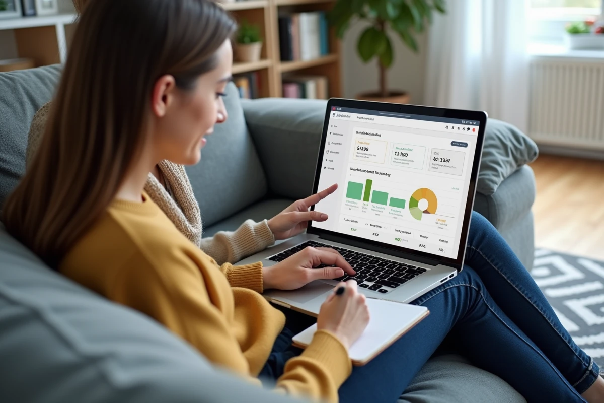 Couple gérant ensemble leur budget familial avec un outil de finances personnelles en ligne sur laptop
