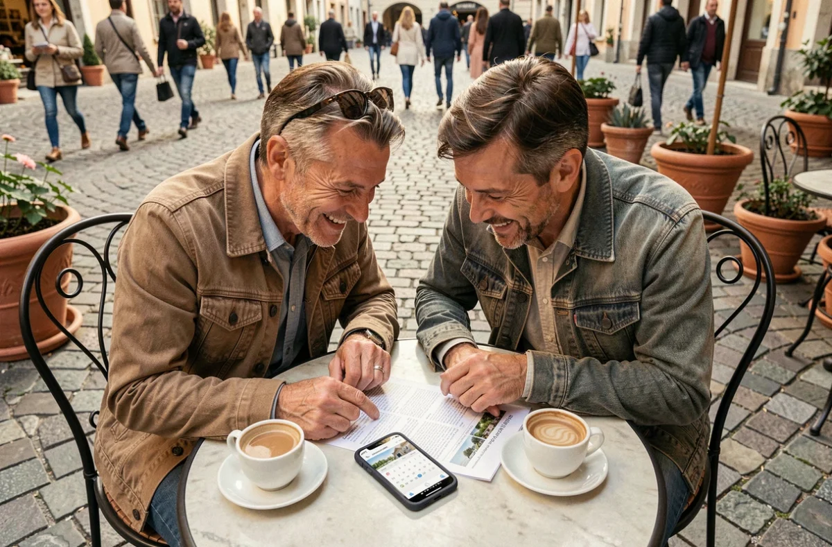Couple optimisant leur itinéraire de voyage 2026 autour des jours fériés dans un café en terrasse européen