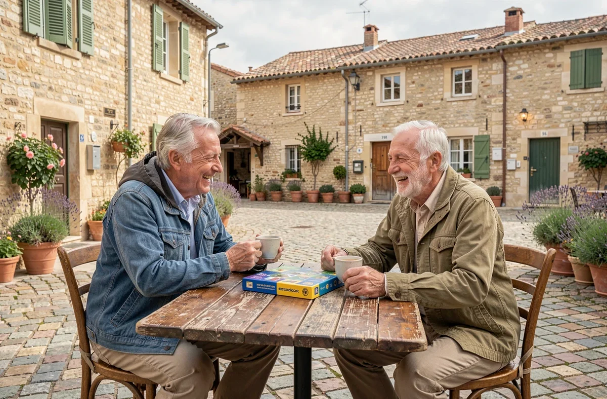 Couple de retraités heureux jouant à un jeu de société en terrasse dans un village provençal, profitant pleinement de leur retraite
