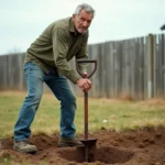 Homme utilisant un tarière manuelle pour creuser un trou de piquet de clôture dans un jardin rural