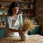 Femme arrangeant un bouquet de fleurs séchées dans un vase céramique sur une table en bois rustique dans une cuisine conviviale décorée avec soin