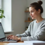 Femme en télétravail effectuant des démarches administratives en ligne sur son ordinateur portable depuis son bureau à domicile
