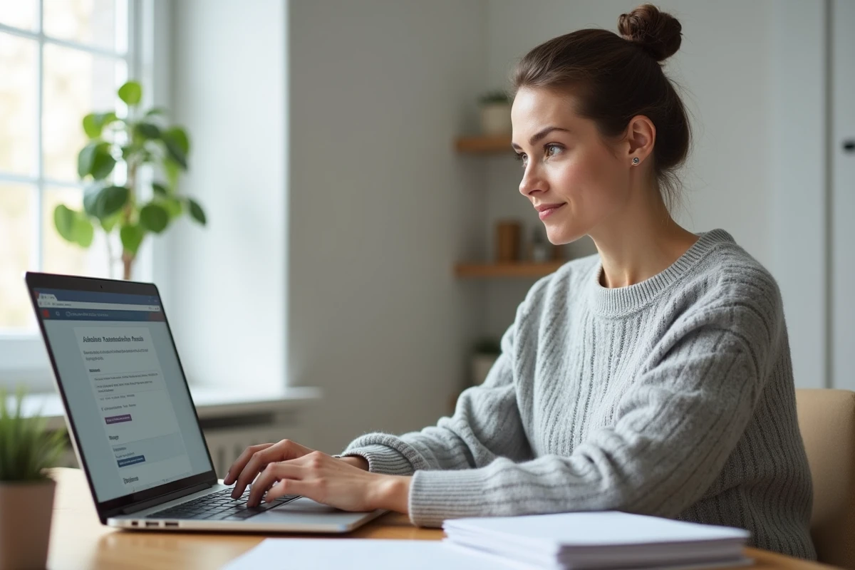 Femme en télétravail effectuant des démarches administratives en ligne sur son ordinateur portable depuis son bureau à domicile