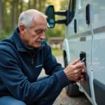 Homme examinant le panneau de chauffage Truma d'un camping-car sur un terrain de camping en forêt