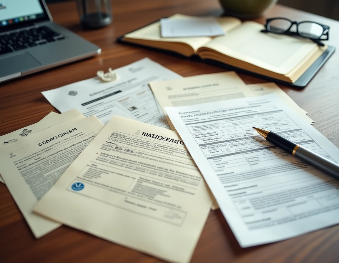 Vue de dessus d'un bureau avec les documents administratifs nécessaires pour le passage aux mines d'une voiture étrangère importée en France