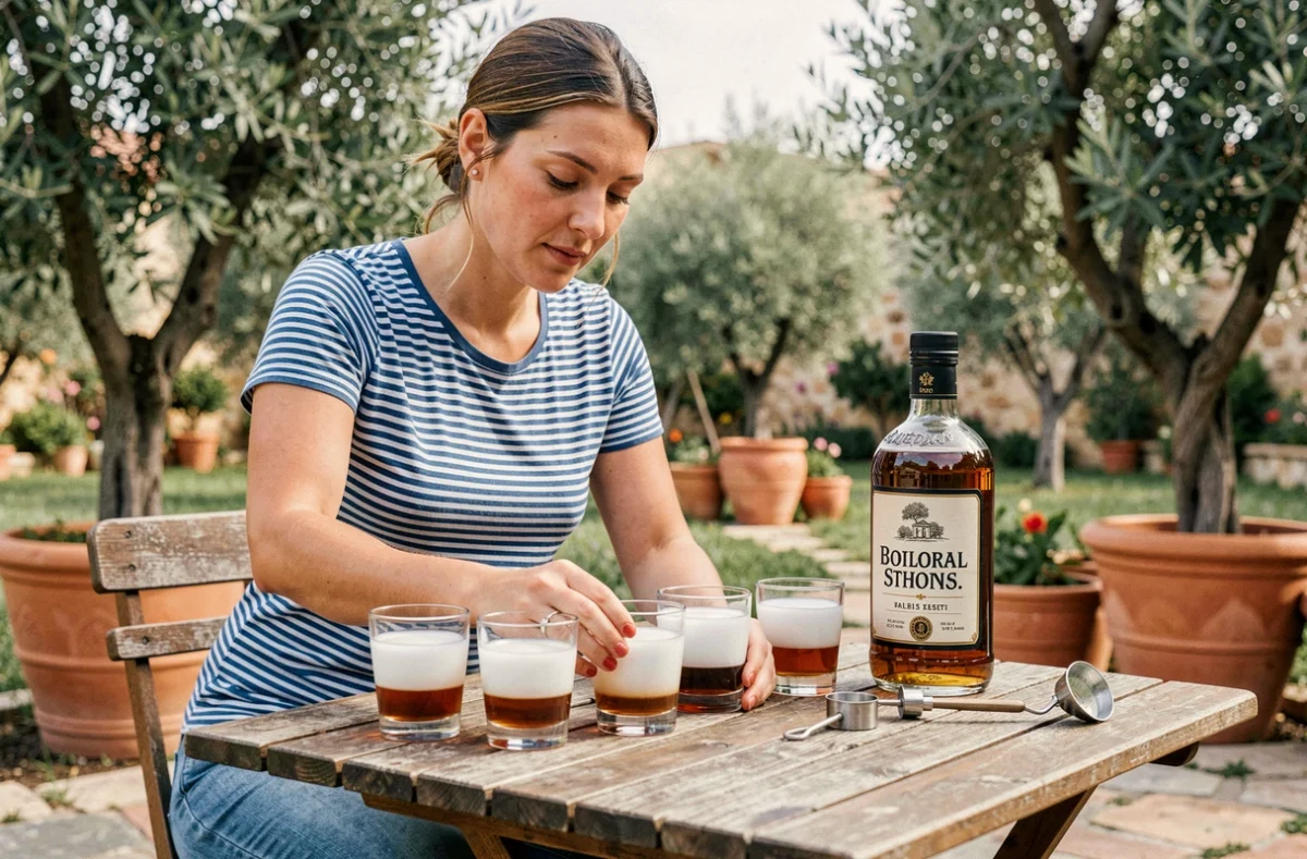 Femme préparant plusieurs verres de pastis avec différents dosages sur une table en bois avec une carafe et un doseur pour une soirée conviviale