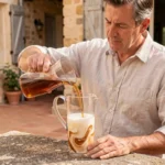 Homme versant du Ricard mesuré dans une carafe d'eau sur une table en pierre en Provence pour une soirée estivale réussie
