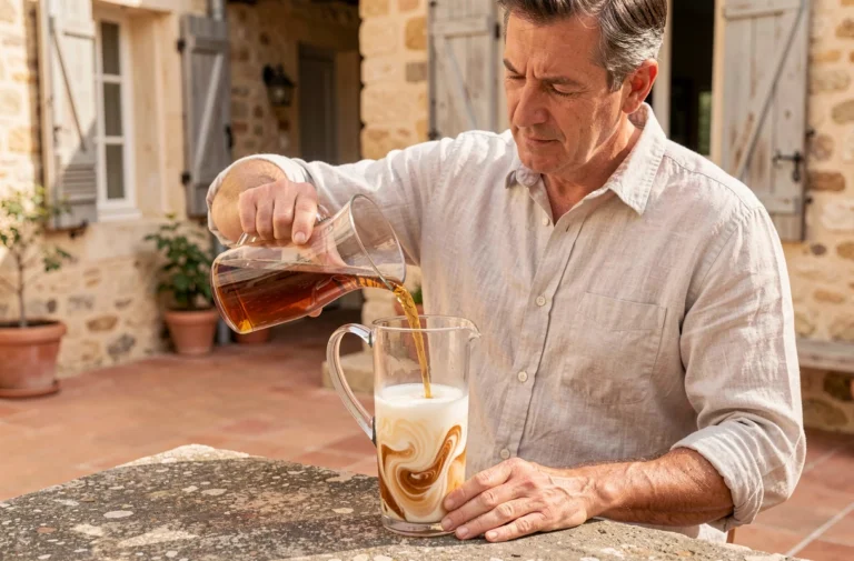 Homme versant du Ricard mesuré dans une carafe d'eau sur une table en pierre en Provence pour une soirée estivale réussie