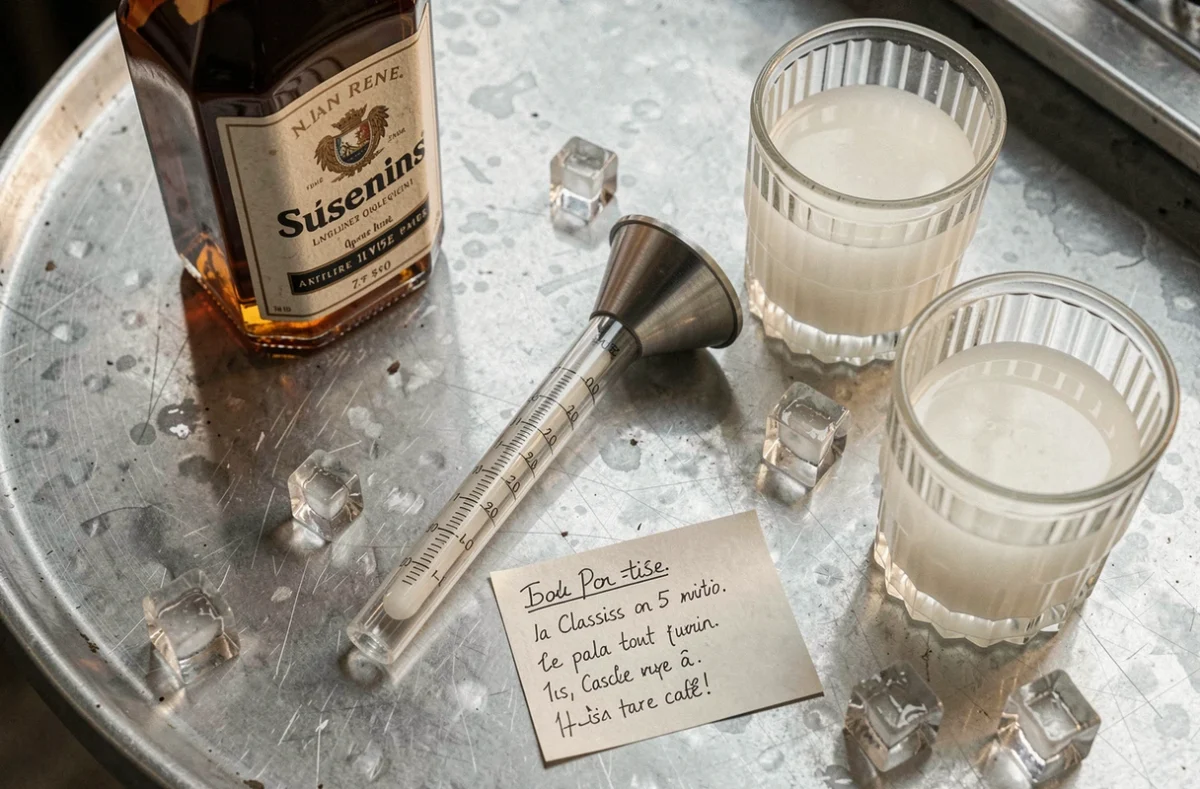 Vue de dessus d'un comptoir de bar français avec une bouteille de Ricard, un doseur gradué et des verres pour illustrer le bon dosage de pastis par litre