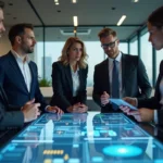 Groupe de professionnels collaborant autour d'une table digitale