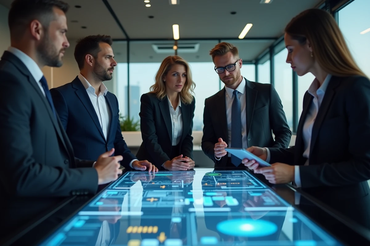 Groupe de professionnels collaborant autour d'une table digitale