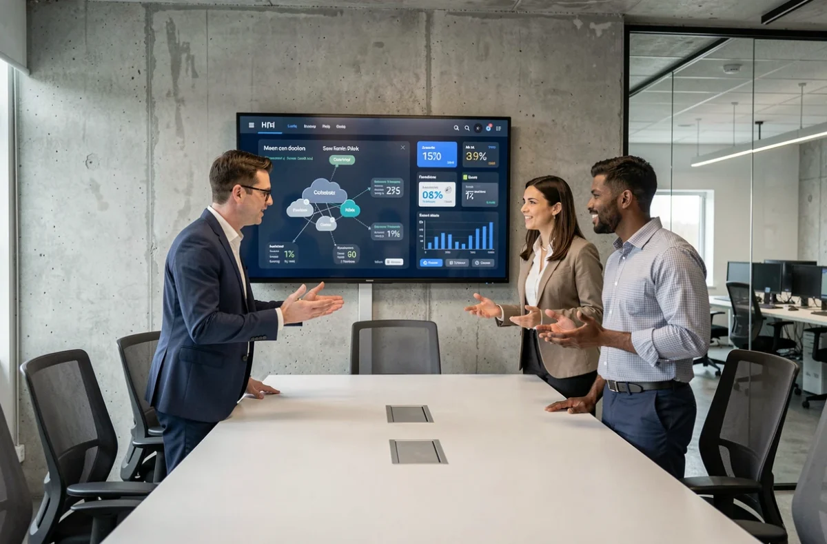 Équipe de professionnels en réunion stratégique autour d'un écran tactile présentant des outils de transformation numérique