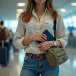 Femme à l'aéroport avec sac de voyage et passeport