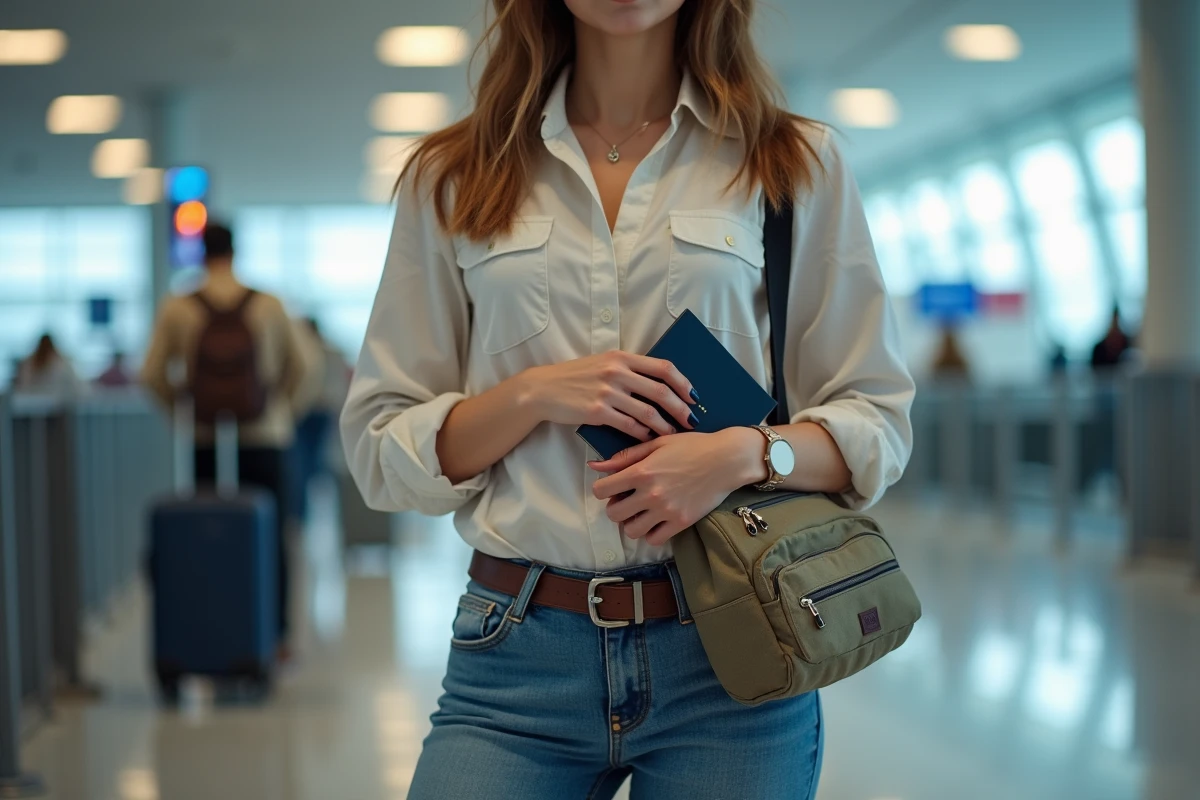 Femme à l'aéroport avec sac de voyage et passeport
