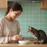 Jeune femme versant de l'eau pour son chat dans la cuisine