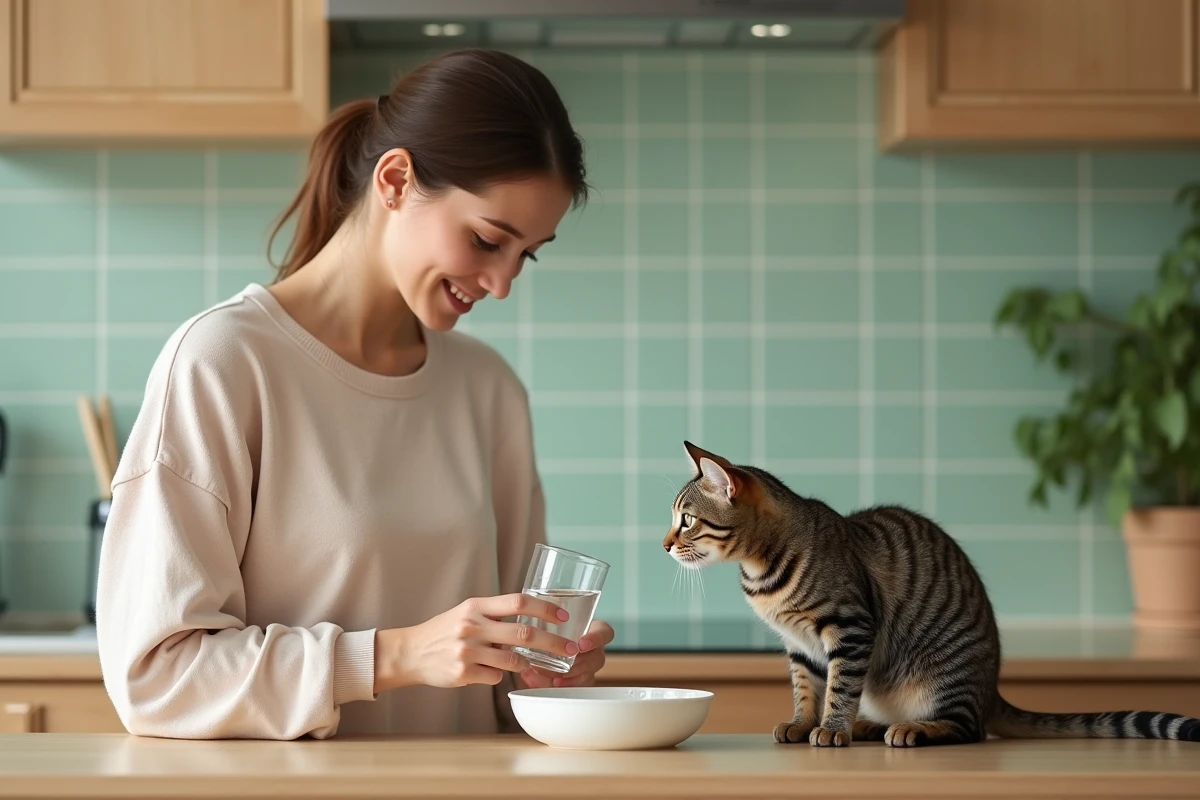 Jeune femme versant de l'eau pour son chat dans la cuisine