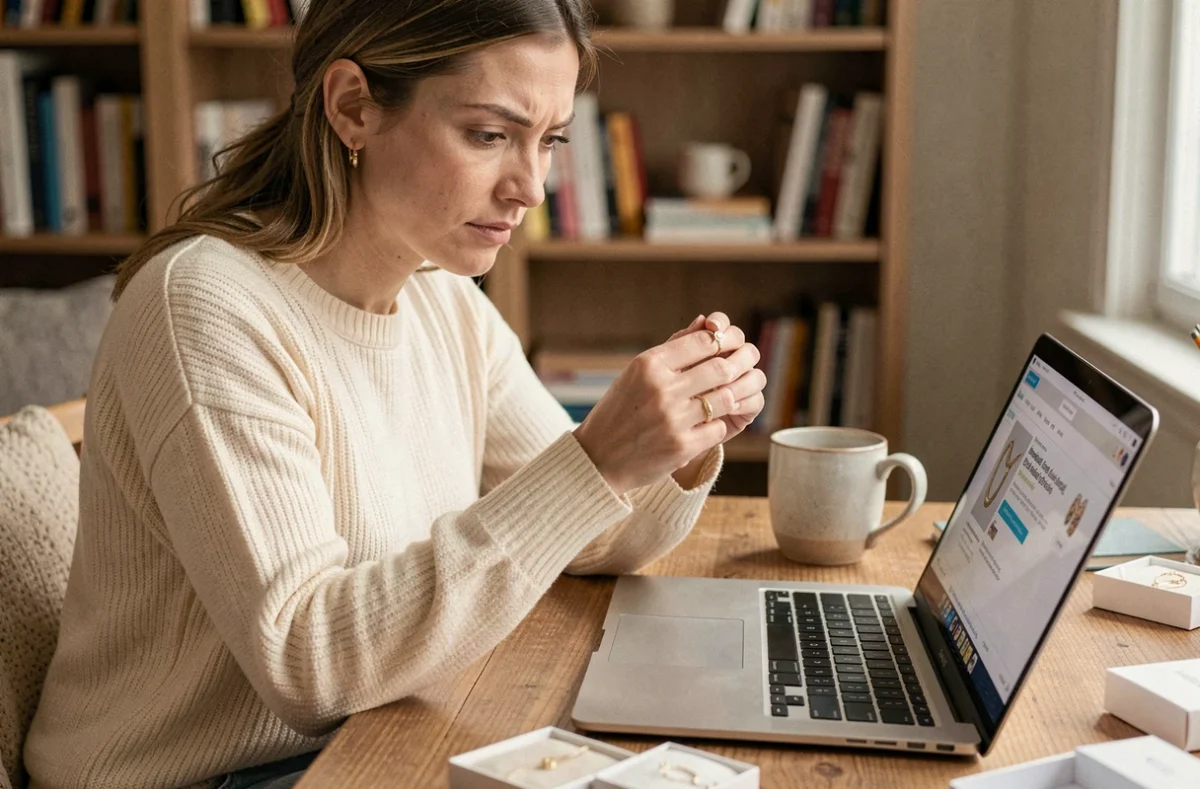 Femme lisant des avis clients sur des bijoux SRD sur son ordinateur portable tout en tenant une bague dorée, dans un bureau cosy à la maison