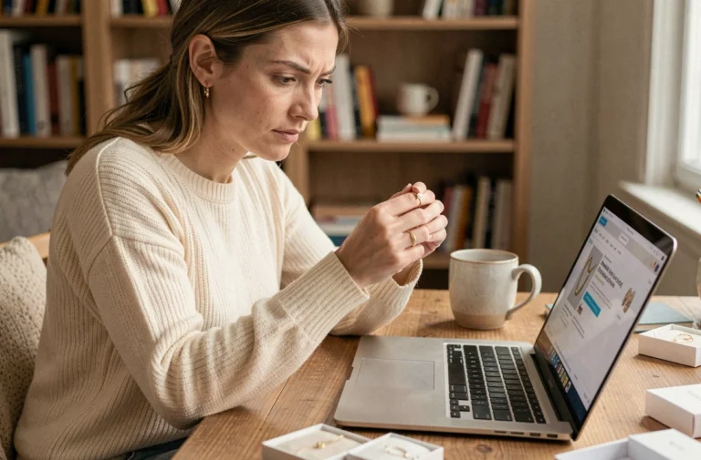 Femme lisant des avis clients sur des bijoux SRD sur son ordinateur portable tout en tenant une bague dorée, dans un bureau cosy à la maison