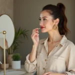 Femme élégante appliquant du lipstick dans sa salle de bain