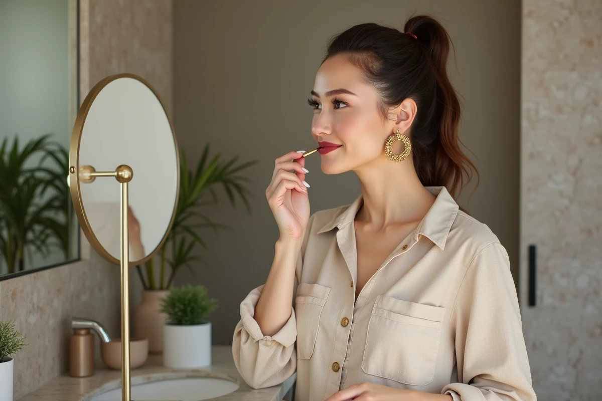 Femme élégante appliquant du lipstick dans sa salle de bain