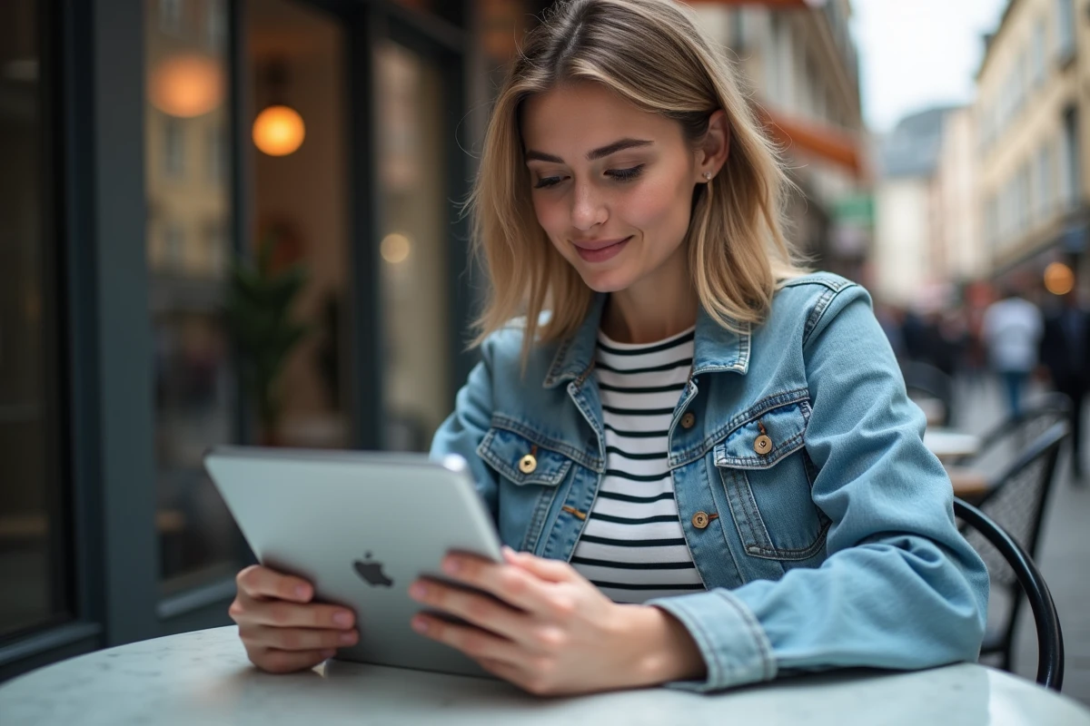 Femme au café utilisant une tablette pour un téléchargement sécurisé