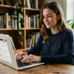 Femme consultant un classement de sites incontournables sur son ordinateur portable dans un bureau à domicile chaleureux