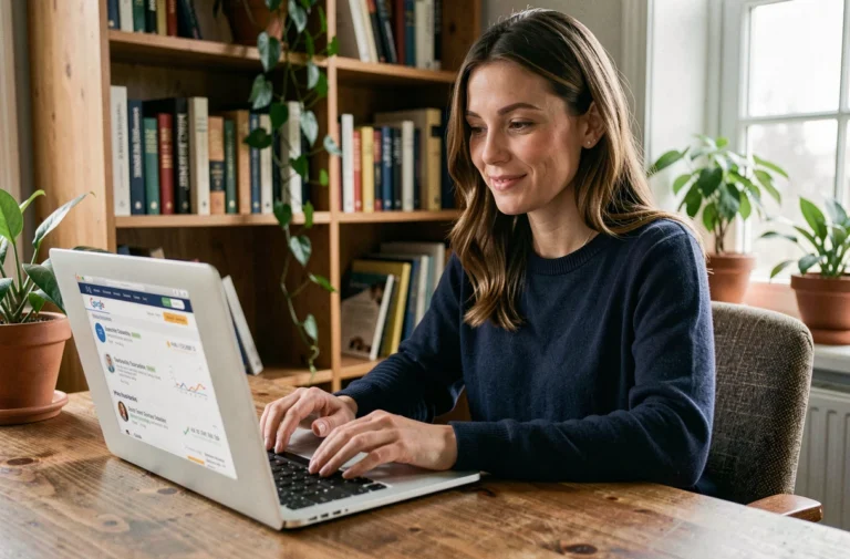 Femme consultant un classement de sites incontournables sur son ordinateur portable dans un bureau à domicile chaleureux