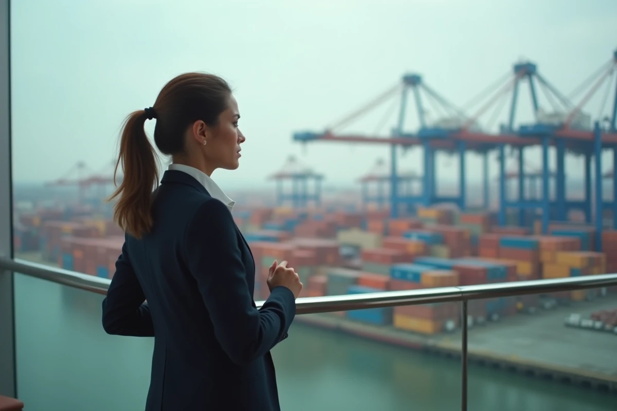 Femme regardant un port de conteneurs depuis un balcon