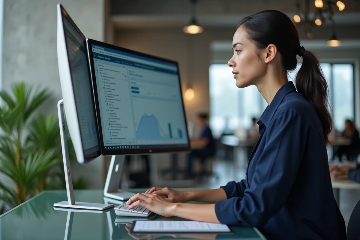 Femme convertissant des fichiers multimédias sur un ordinateur de bureau dans un open space professionnel